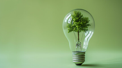 Green or renewable energy concepy with tree inside a light bulb. Green background with copy space for text.