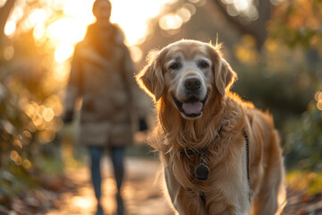 A cute golden retriever is resting in a green park, enjoying nature with his owner.