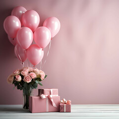 Happy Birthday Background, A Bouquet Of Pink Roses And Balloons