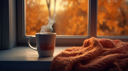 Cup of hot autumn coffee or tea on the window. - obrazy, fototapety, plakaty