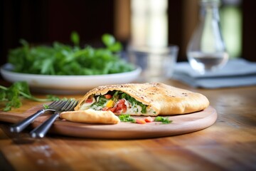 calzone on a rustic wooden table