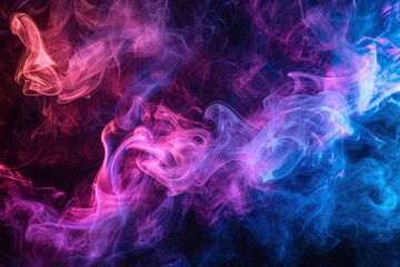 A cloud of smoke fills the frame, with pink and blue colors blending together. The background is a black surface. - obrazy, fototapety, plakaty