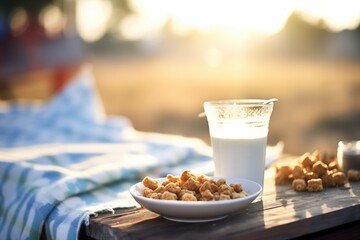 cereal with almond milk in outdoor morning light - obrazy, fototapety, plakaty