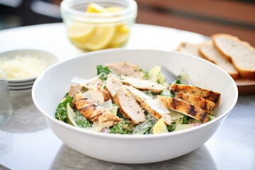 fresh caesar salad in a white bowl with grilled chicken slices on top