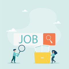 Employees are looking for work. Unemployed people using a magnifying glass look for a vacancy in the search bar. Unemployment. Career, find an opportunity, a job. Vector illustration.

