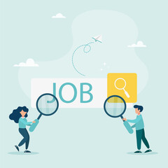 Employees looking for a job, Employees using a magnifying glass looking for a job in the search bar, looking for a job and vacancy concept. Vector illustration. A guy and a girl are looking for work.
