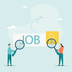 Employees looking for a job, Employees using a magnifying glass looking for a job in the search bar, looking for a job and vacancy concept. Vector illustration. A guy and a girl are looking for work.
