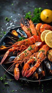 Seafood plate with shrimps mussels lobsters serve. Ai generative