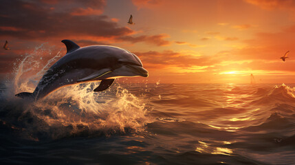 Dolphin jumping out of the water with sunset
