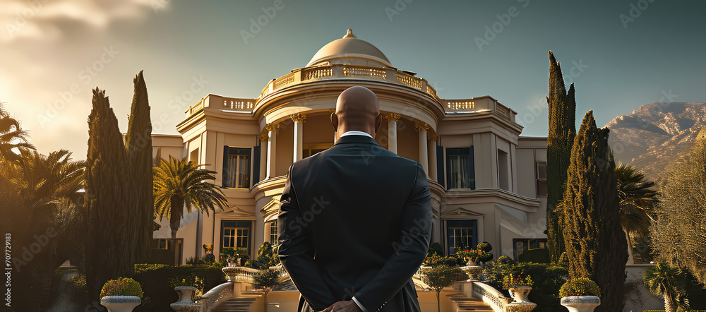 Poster bald muscular man in suit in front of beautiful big villa. generative ai.