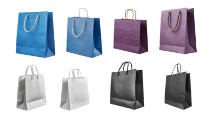Collection set of colour eco friendly recyclable side view blank shopping paper bag, isolated on transparent background.