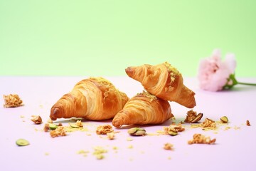 Obraz na płótnie Canvas croissants with pistachio nuts on a pastel background