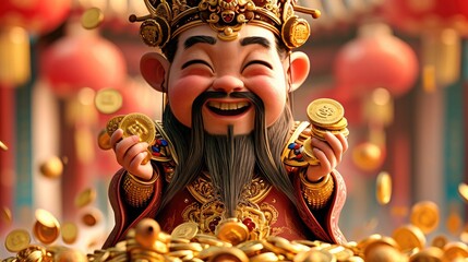 A cute Chinese king holding gold coins in his hands, Cartoon 3d. Generative AI. - obrazy, fototapety, plakaty
