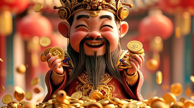 A cute Chinese king holding gold coins in his hands, Cartoon 3d. Generative AI.
