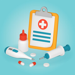 A Clipboard with a Red Cross. Medical equipment, thermometer, syringe, tablets, capsules. 3D vector illustration