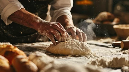 Gartenposter Old baker kneading dough and baking bread in a bakery kitchen restaurant. flour on the table and chefs hands. © morepiixel