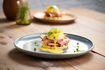 sliced eggs benedict showing yolk spill on a ceramic plate