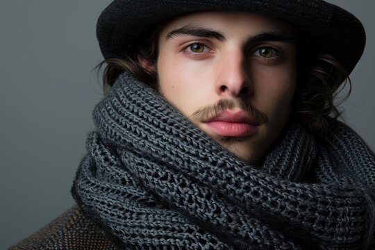 Studio portrait of a young European man with an artistic look, wearing a hat and scarf, isolated on a grey background