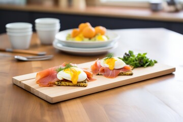 Fototapeta na wymiar eggs benedict with smoked salmon instead of ham, on a wooden board