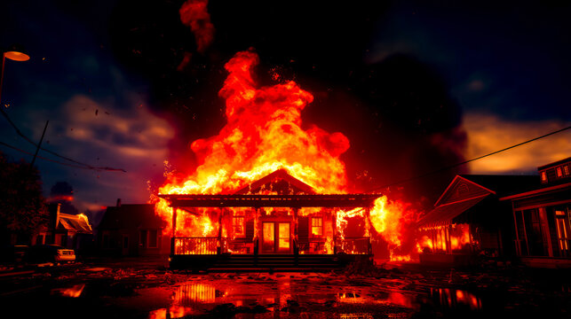 House on fire with lot of smoke coming out of the roof.