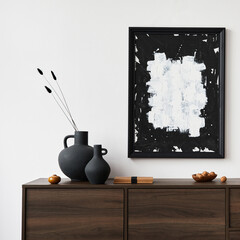 Creative composition of modern living room interior design with mock up poster frame, brown...