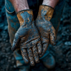 Schmutzige Arbeiterh&auml;nde mit Erde von einem Mann (Durch AI generiert)