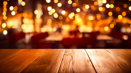 Wooden table top with blurry background of lights in the background.