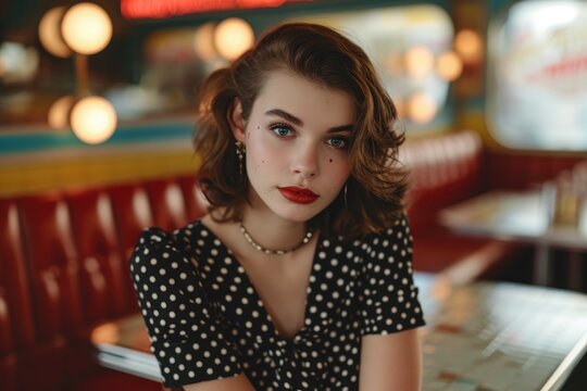 Studio portrait of a young European woman with a retro 1950s look, wearing a vintage polka dot dress, isolated on a classic diner background