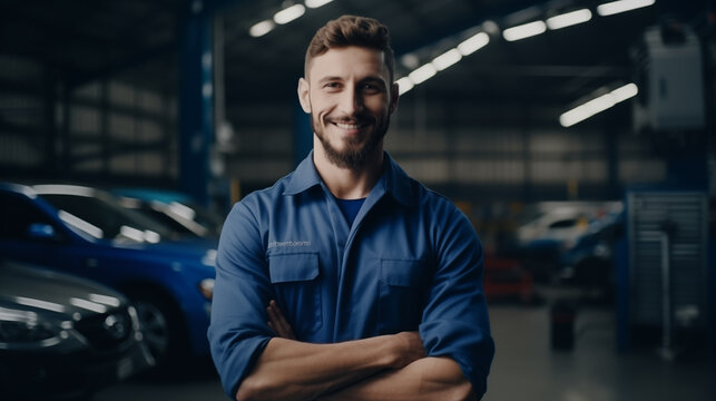 The image shows a confident mechanic in a blue uniform, standing in an auto repair shop.