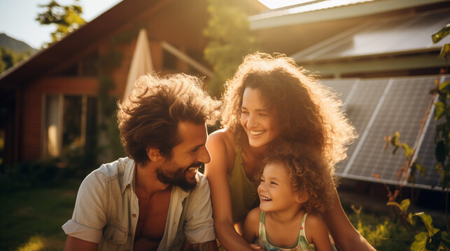 The image depicts a joyful family with a child, enjoying a sunny day outside their home with solar panels.