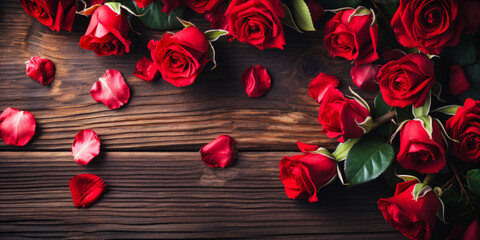 Vibrant Red Roses and Scattered Petals on Rustic Wooden Background - Symbol of Romantic Love and Valentine's Day Celebration, with Copyspace