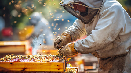 A beekeeping farm with hives beekeepers in protective gear and honey extraction process. - obrazy, fototapety, plakaty