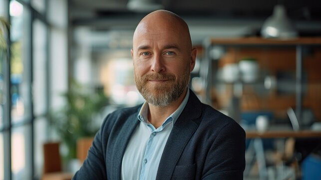 A bald man with a small brown beard in a business office. Generative AI.