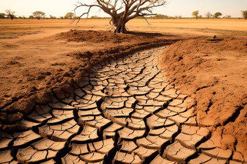 Canal agricultural dry by drought and heat wave on summer. water crisis and water stress on summer during long term drought on summer.
 - obrazy, fototapety, plakaty