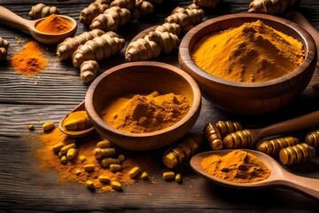 Turmeric powder in wooden bowls and turmeric capsules on wooden table