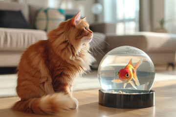ginger cat in the apartment looks at an aquarium with a goldfish