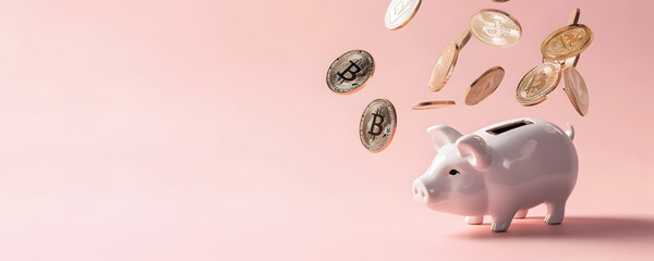 Crypto currency concept - white pig shaped moneybox flying with bitcoins