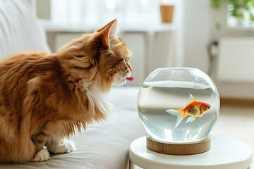 ginger cat in the apartment looks at an aquarium with a goldfish