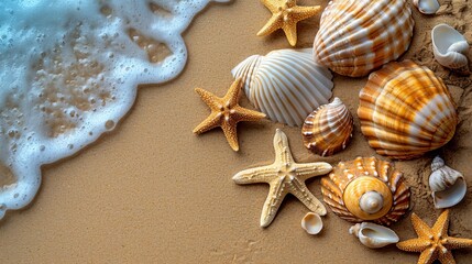 Fototapeta na wymiar Background with a sandy beach with exotic seashells and starfish as natural textured background for aesthetic summer design