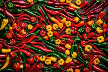 Overhead view of a bowl of assorted red, yellow and green, chilli peppers white view