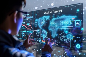 Interactive Weather Forecast on Futuristic Display.
An individual analysing a high-tech weather forecast display with touch interaction.