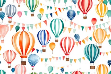 Watercolor  air balloon. Hand drawn vintage air balloons with flags garlands, polka dot pattern and retro design. background for kid banner, baby shower, birthday greeting card white view 