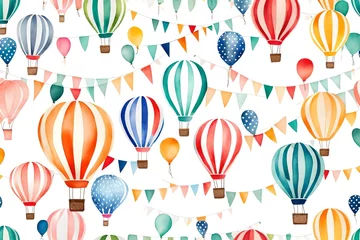 Poster Luchtballon Watercolor  air balloon. Hand drawn vintage air balloons with flags garlands, polka dot pattern and retro design. background for kid banner, baby shower, birthday greeting card white view 