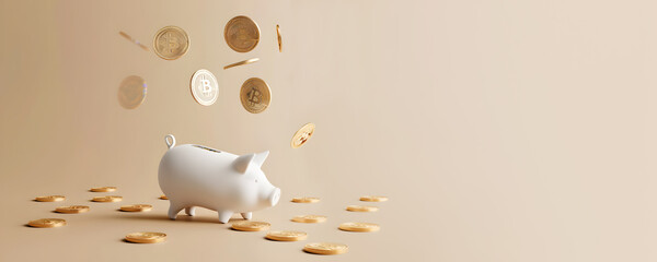 Crypto currency concept - white pig shaped moneybox flying with bitcoins
