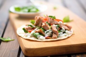 gyros pita with tzatziki close-up on a rustic wooden board