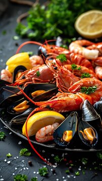 Seafood plate with shrimps mussels lobsters serve. Ai generative