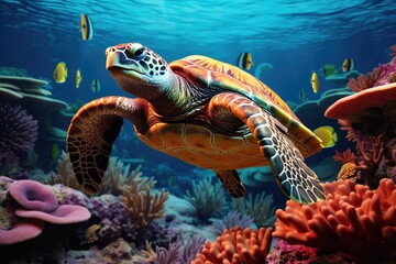 Fototapeta premium Vibrant Sea Turtle Gliding Through a Coral Paradise in the Depths of the Ocean. Generative AI