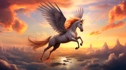 Flying horse with wings in the sky at sunset