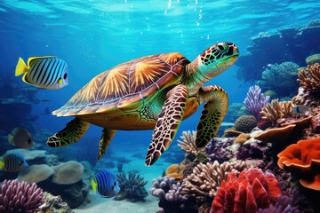 Vibrant Sea Turtle Gliding Through a Coral Paradise in the Depths of the Ocean. Generative AI