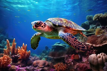 Naklejka premium Vibrant Sea Turtle Gliding Through a Coral Paradise in the Depths of the Ocean. Generative AI